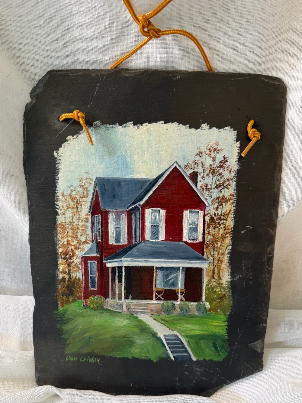 Vintage Ellen Cranor Hand Painted Slate Rustic Farmhouse House Signed